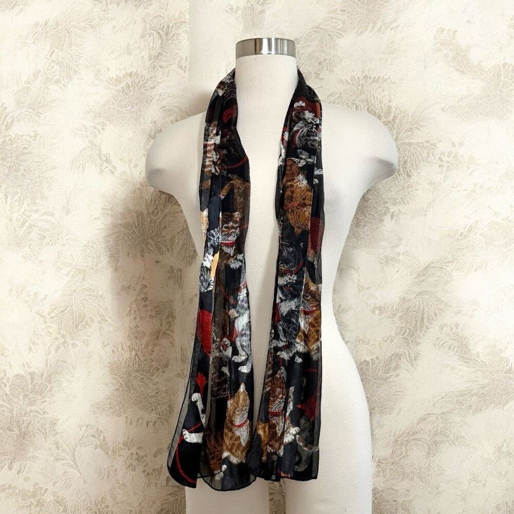 Vintage Cat Stripe Black Scarf Long Neck Kitten Sheer Kitten Animal